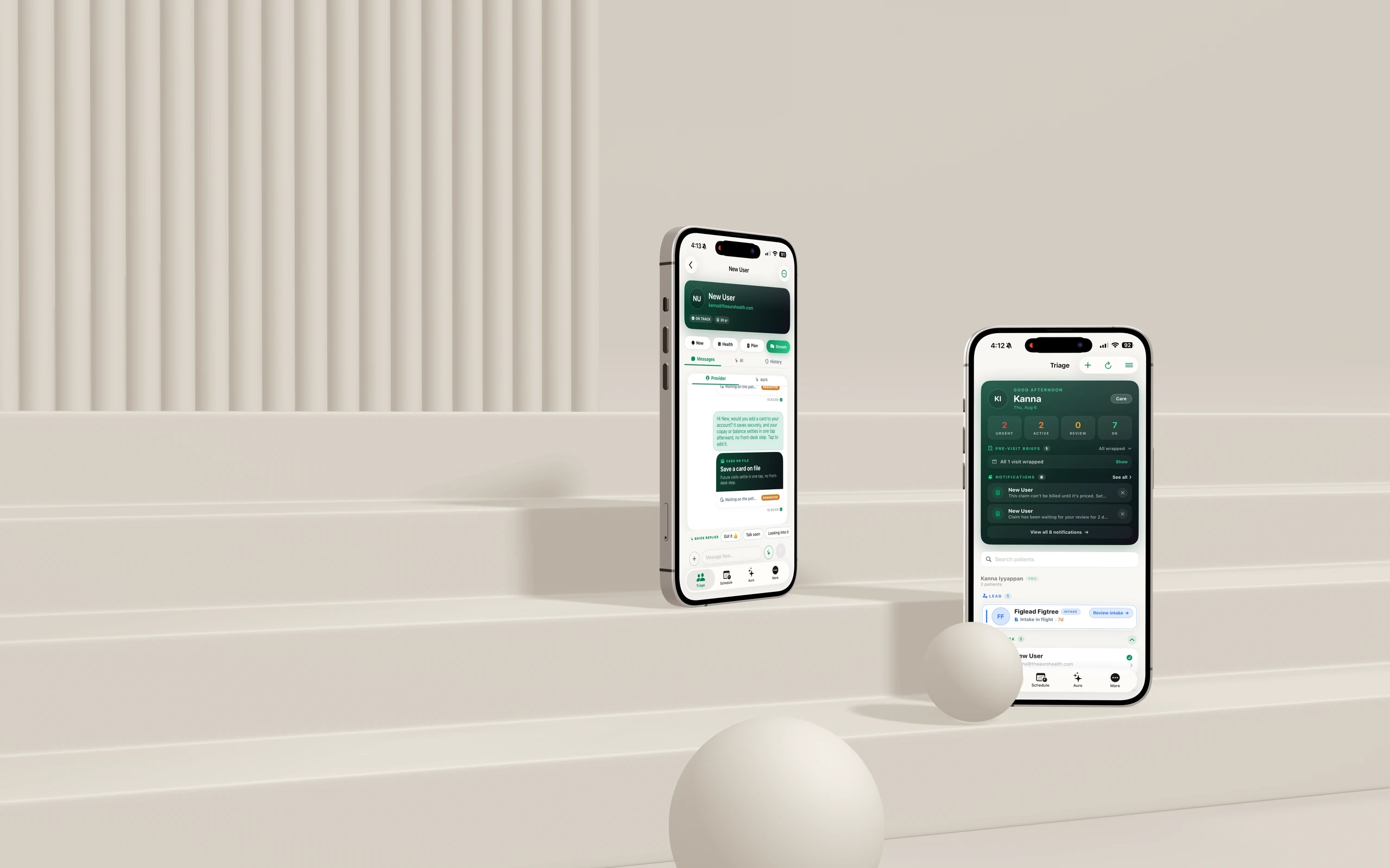 the auro provider app on two iPhones, in a plaster studio
